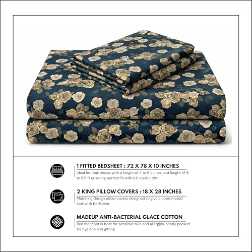 Image of Elastic Fitted King Size Bedsheet Cotton for Double Bed | 72 inchx78 inch +10 Inch, Floral, Soft & Breathable, Fade & Shrink Resistant, 2 Pillow Covers | Midnight Rose Elegance, Navy Blue