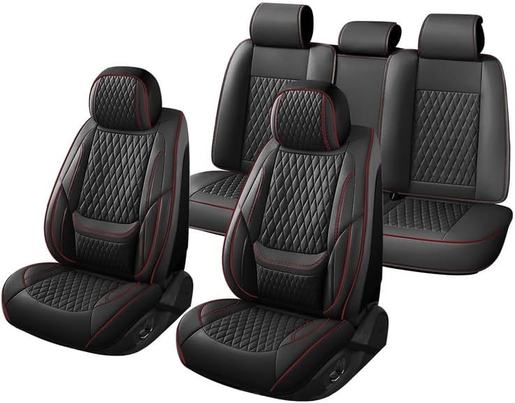 Car Seat Covers Full Set Custom Fit for Saturn Aura 2006-2009 - Premium Faux Leather with Lumbar Support | Breathable, Waterproof, Anti-Slip, Durable (Black&Red,Full Set)