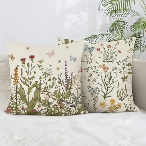 BREASOME Cushion Covers 45 x 45 cm Set of 2 Botanical Floral Cushion Covers Linen Decorative Square Throw Pillow Cases for Sofa Couch Bedroom Living Room