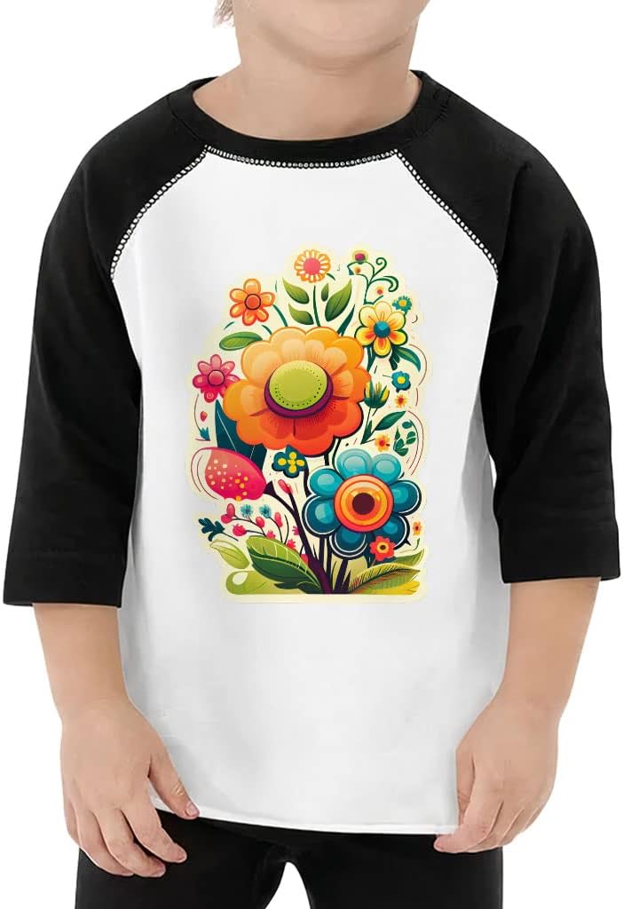 Colorful Flower Toddler Baseball T-Shirt - Cute Design 3/4 Sleeve T-Shirt - Cool Kids' Baseball Tee