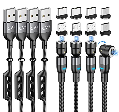 CVY Magnetic Charging Cable 4-Pack (1.6ft/3.3FT/6.6FT/10FT), 3 in 1 Fast Charging & Data Sync Magnetic Cable, Magnetic Phone Charger Cable Compatible with Mirco USB, Type C (Black)