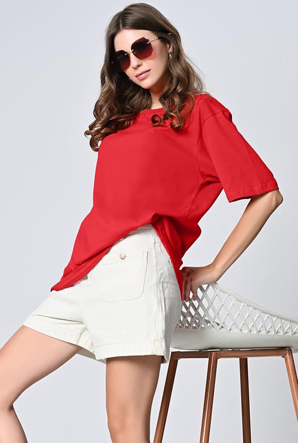 Image of Oversized Baggy Fit Drop Shoulder Half Sleeves Round Neck Solid Pure 100% Cotton T-Shirt for Women (Available in White, Black,Navy Color)
