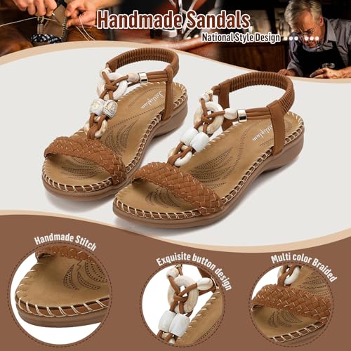 Image of Littleplum Women Sandals Arch Support Handmade Bohemian Braided Flat Sandals Comfort Walking Beach Ankle Elastic Summer Shoes