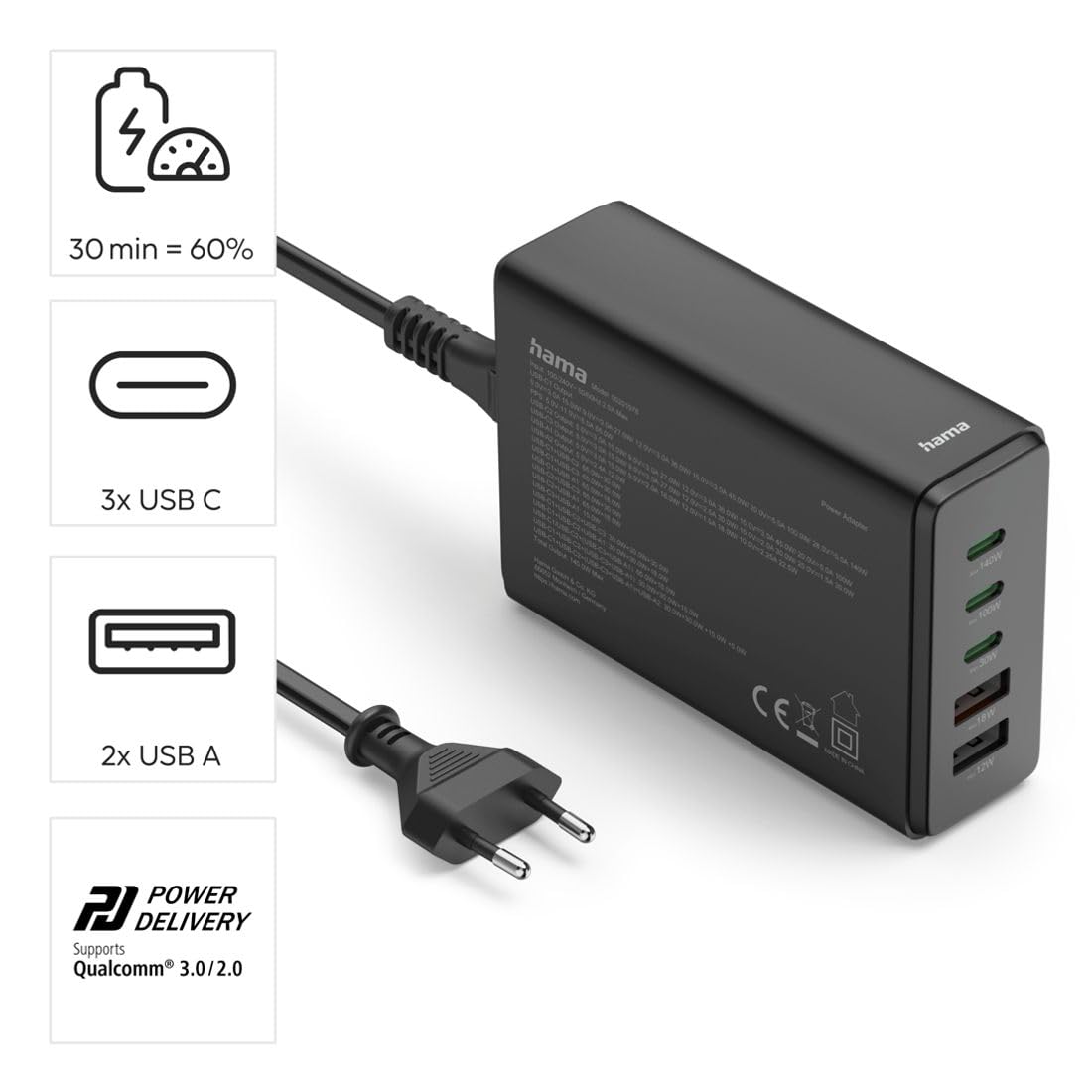 Ładowarka Stacja Ładująca Hama 140W z Technologią USB GaN, z 3 Portami USB-C i 2 Portami USB-A, Obsługa Power Delivery i QuickCharge, Czarna