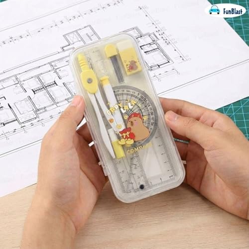 Image of FunBlast Capybara Theme Compass Set - 7 Pcs Transparent Geometry Box with Protector, Set Squares, Ruler, Compasses, Ruler Set, Math Geometry Kit for Student & Professional (Yellow2)