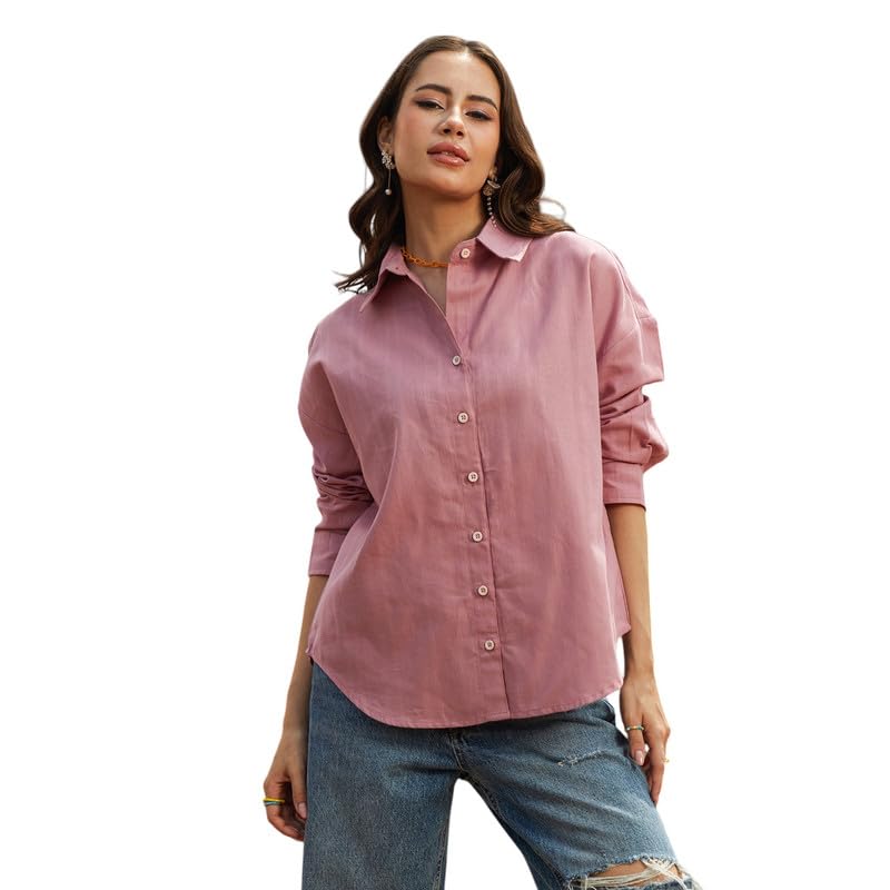 Image of PINACOLADA Women's Solid Oversized Shirt for Casual Wear | Spread Collar | Long Sleeve | Button Closure | Oversized Shirt Crafted with Comfort Fit for Everyday Wear