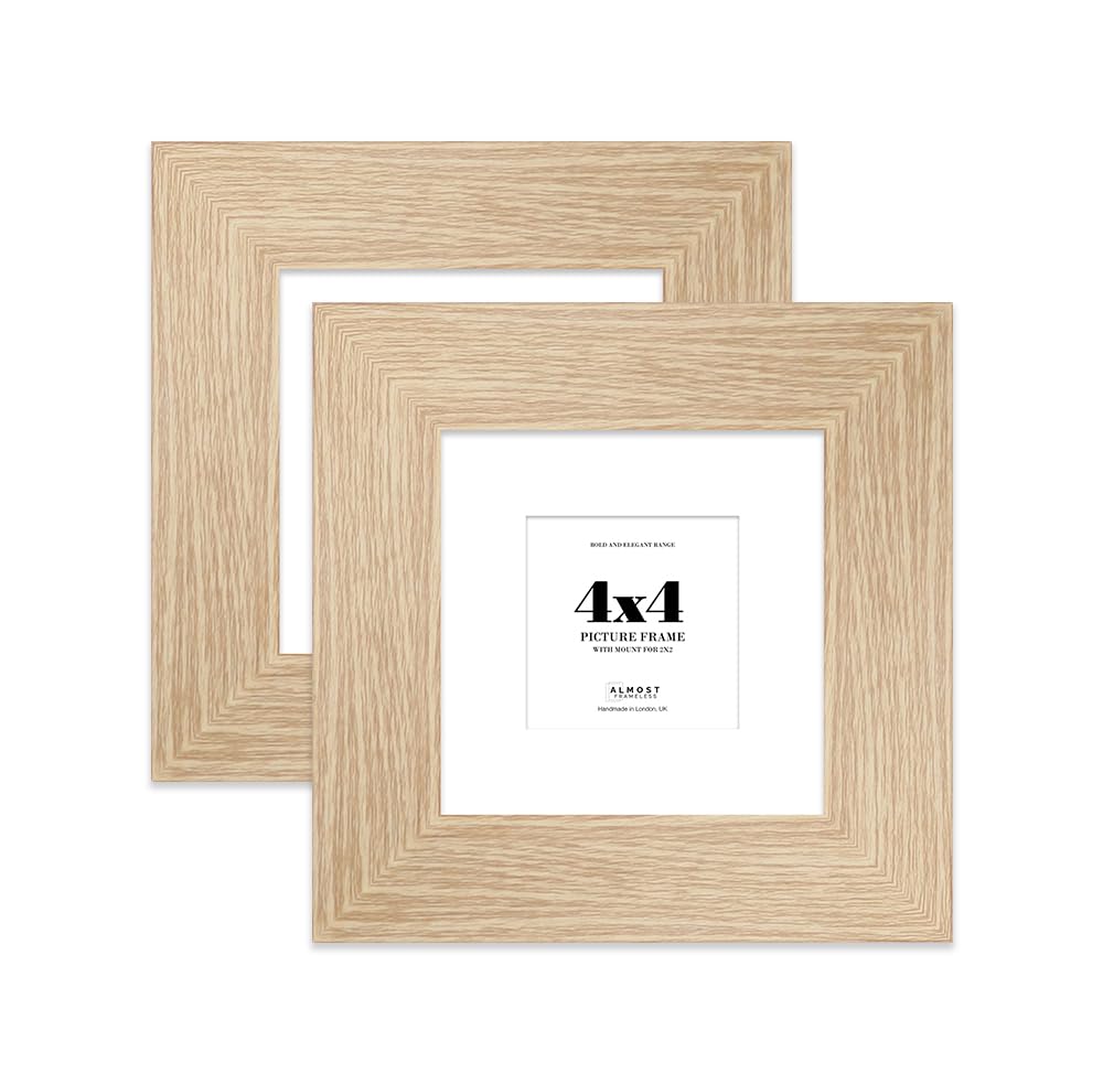 4x4 Oak Square Frame With Mount for 2x2 Pictures 28mm Edge Frame Display with Wall Hooks and Kickstand, 2 Pack