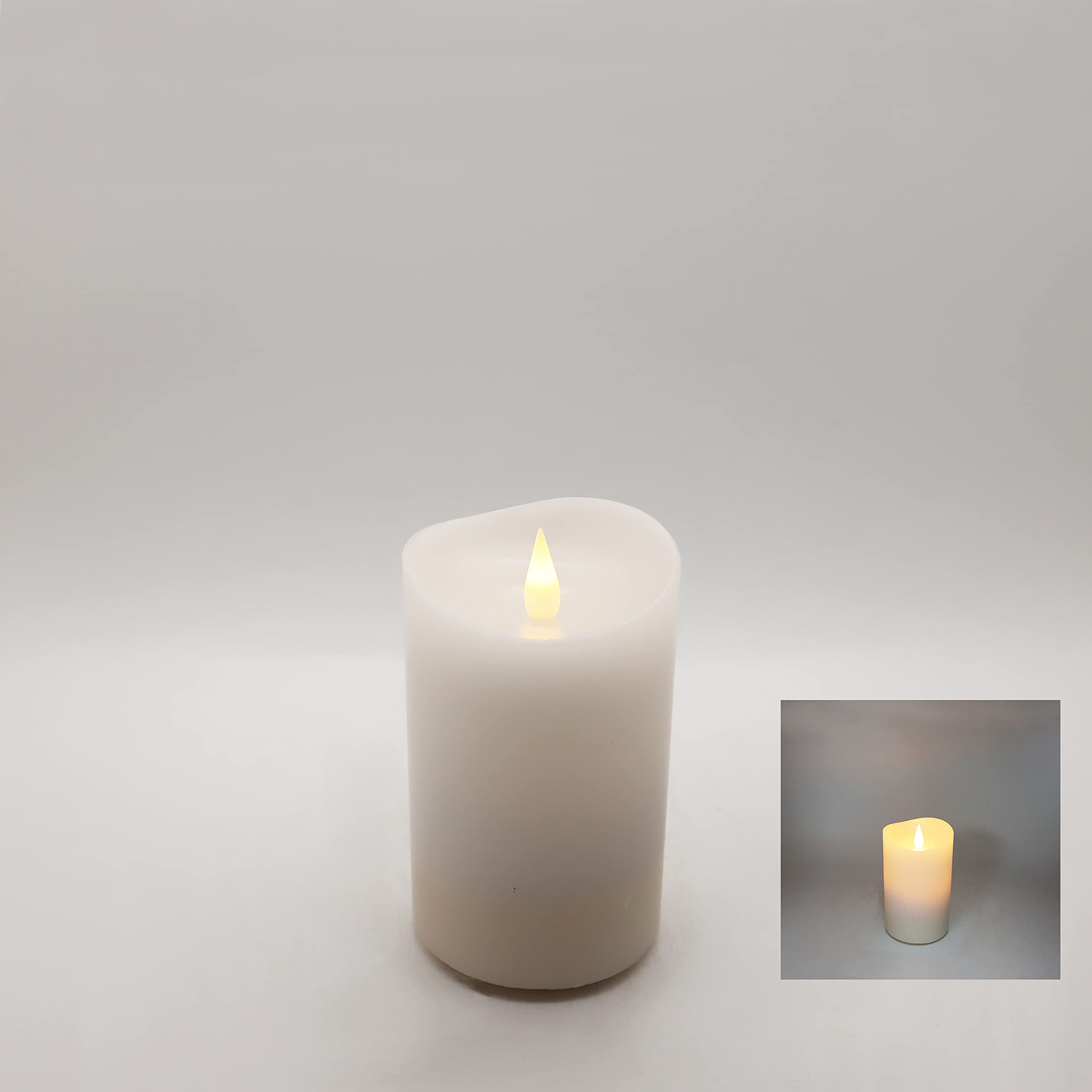 Victory Creative LED 3D Moving Flame 3"X5" Flameless Wax Pillar Candle,Soft Flame, White, B/O, Indoor