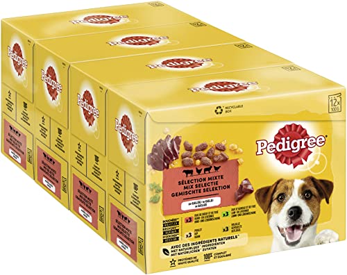 PEDIGREE Repas pour Chien - 48 Sachets Fraîcheur (Lot de 4 Packs 12x100g) - Pâtée pour Chien en Gelée - Boeuf/Volaille/Agneau/Poulet - Nourriture Complète...