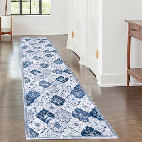 KILOCOCO 2x8 Runner Rug, Moroccan Super Soft Washable Hallway Entryway Runner Rug, Accent Print Faux Wool Kitchen Runner Rug 8 Feet Non-Slip Boho Rug Runner for Laundry Room Bedroom, Blue/Grey/Multi