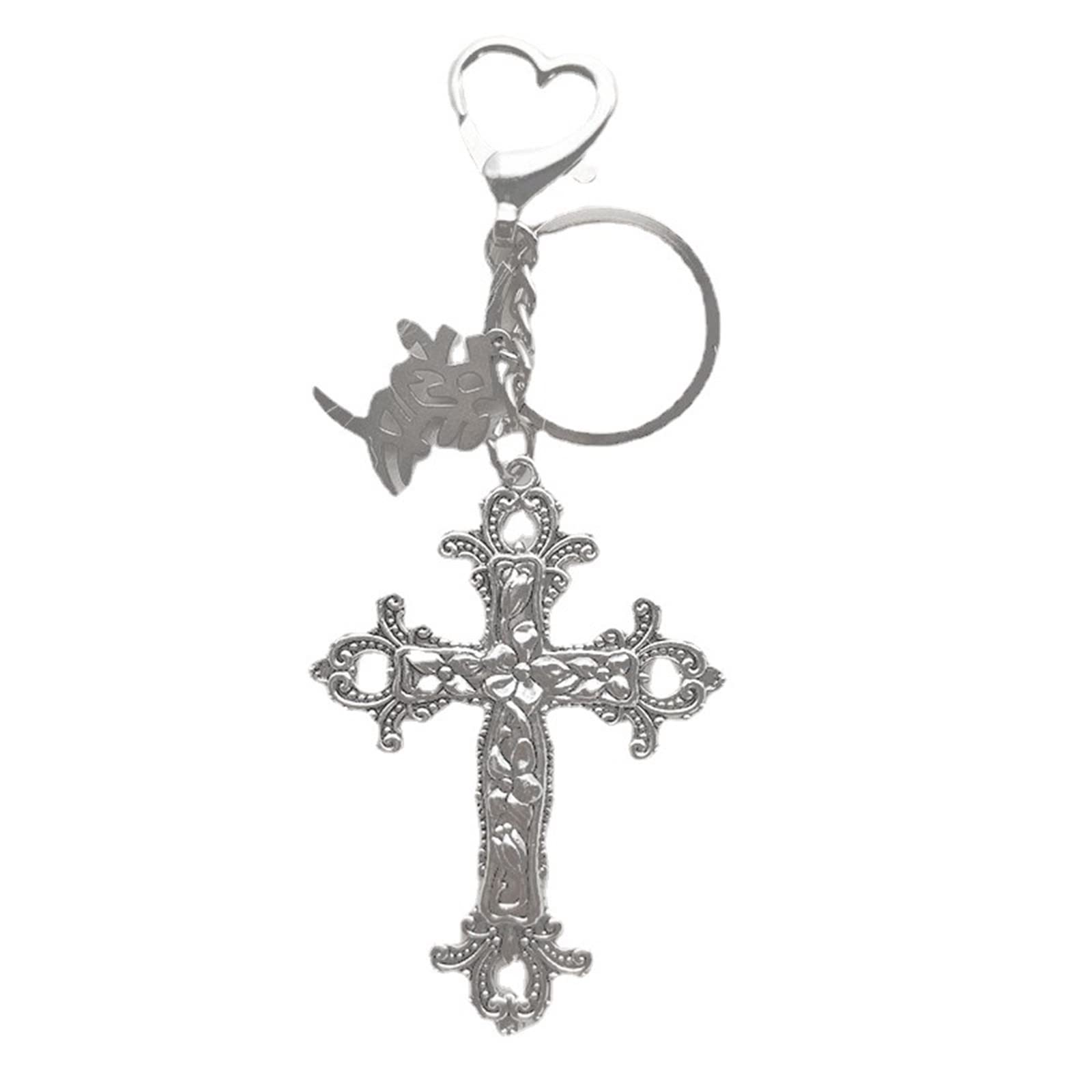 Hattba Cross Pendant Keychain Religious Key-Holders Cross Keychains Y2K Punk Pendant Metal Crucifix Key-Rings Crucifix For Men Women