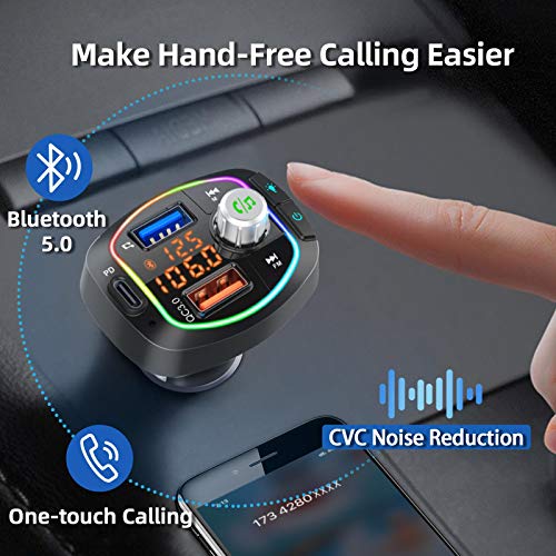 Bluetooth FM Transmitter for Car BT 5.0 Wireless Stereo Audio Adapter Hands-Free Call Kit Radio Music Player Receiver 36W PD & QC3.0 Smart Charge Type-C USB TF Compatible LCD Dual Display RGB Light