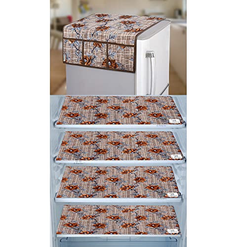 Image of Polyester 3-Layered Fridge Top Cover /Refrigerator Cover With Utility Pockets and Set of 4 Pc. Fridge Mat (Color-Check Floral Brown, Size-39x21 Inches)