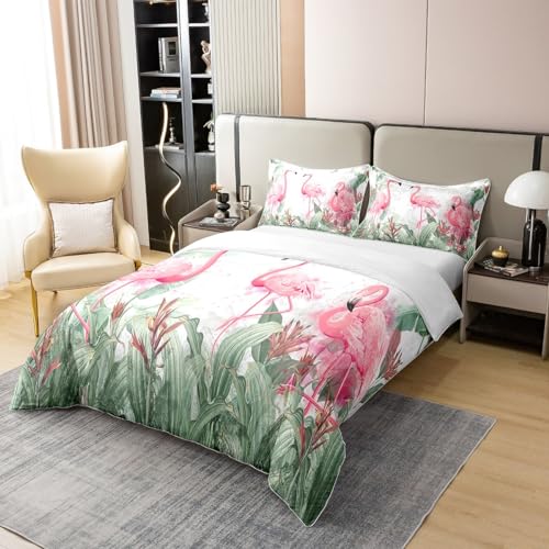 Flamingo Duvet Cover 100% Cotton Tropical Flamingo Pattern Bedding Set For Girls Women Animal Decor Tropical Palm Leaf Comforter Cover Set Bird Print Bedspread Cover Zipper King - Image 2