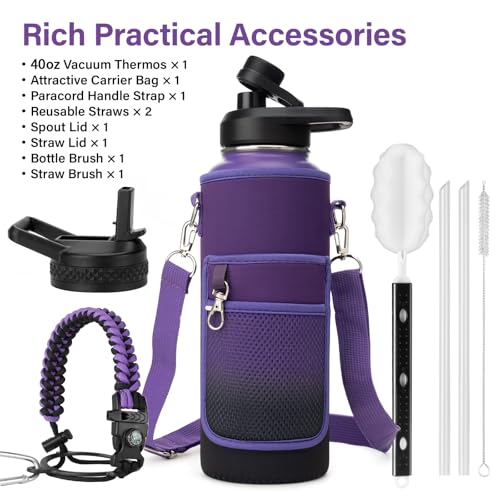 Insulated Water Bottle | Thickened Stainless Steel Vacuum Metal | Portable Sports Water Jug for Gym and Hiking with Straw, Carrier Bag, Handle Strap | BPA-Free 40 oz