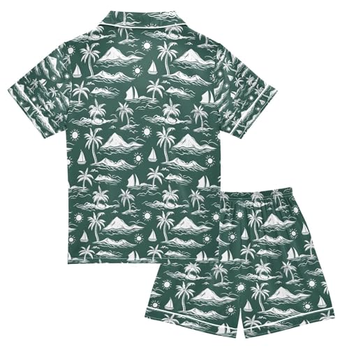 senya Green Palm Tree Sailboat Sun Satin Summer Pajama Sets Silk Short Sleeve Button Down Sleepwear2