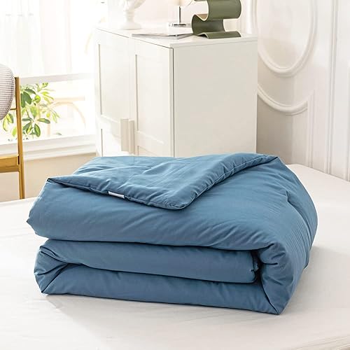 Miniatura 4 de Cottonight - Juego de edredón color azul lago tamaño Queen, edredón unicolor de algodón ligero y transpirable, juego de 3 piezas adecuado para todas
