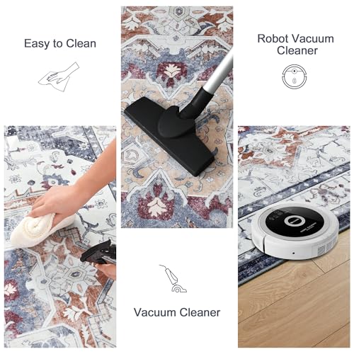 8x10 Machine Washable Vintage Floral Area Rug - Non-Slip Low Pile for Living Room, Bedroom, Dining Room, Home Office (Blue)