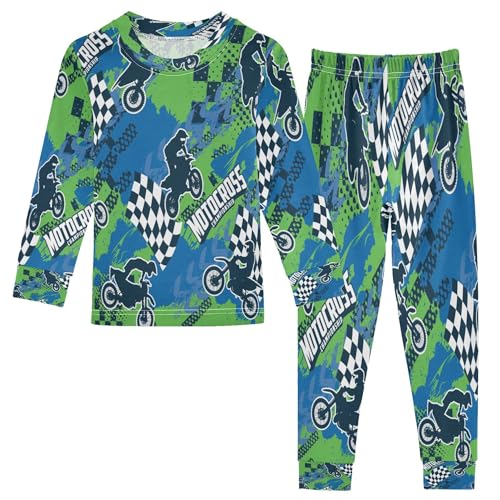 Vozoza Motocross Sport Green Blue Pajama Sets Long Sleeve Top with Pants Cotton Soft Sleepwear 2 Piece Pjs Set Size 3T