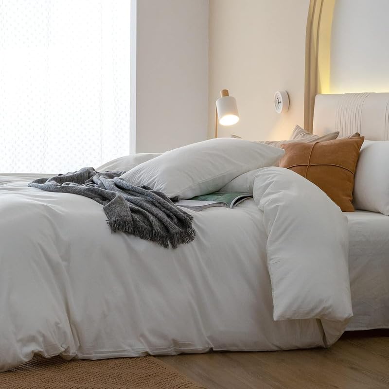 Gezu Biancheria da letto 135 x 200 cm, in cotone bianco crema, 2 pezzi, con certificazione Oeko-TEX®, morbida, copripiumino da 135 x 200 cm e federe da 80 x 80 cm, con chiusura lampo