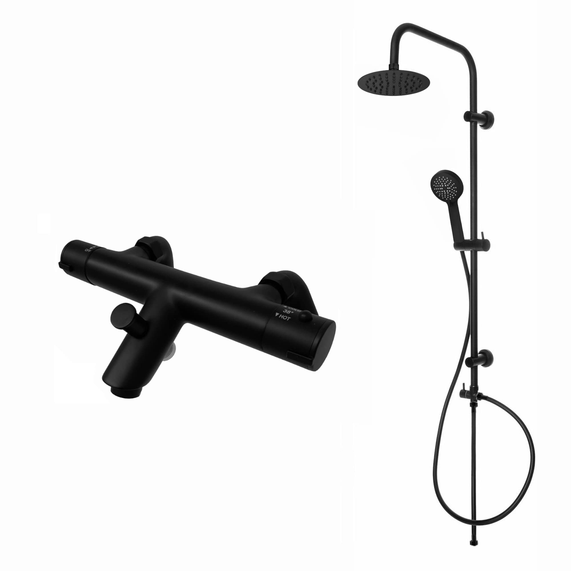 Enki Black Dune, Bbt0249, Thermostatic Bath Shower Mixer Valve With Dual Rigid Riser Kit, 200Mm Ultra Slim Overhead Shower & Multi Function Hand Shower, Anti-Scald Device, Modern, 10-Year Guarantee