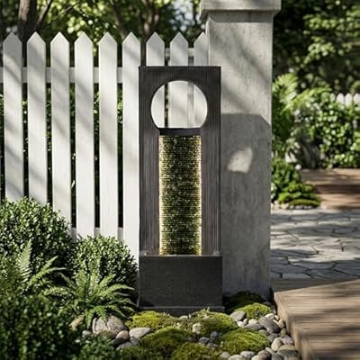 Dalxo 40-Inch Modern Outdoor Water Fountain, Large Floor Standing Resin Outdoor Fountain with LED Lights, Waterfall Feature and Home Art Decor for Garden, Patio, Porch, Deck, Backyard in Gray