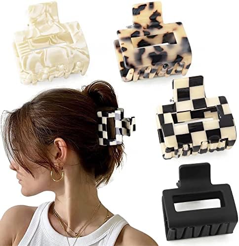 Bmobuo Checkered Hair Clips Claw Clips for Thick Hair Acetate Hair Clips 4Pcs Claw Clips for Thin Hair 2" Hair Clips for Women Small Hair Clips Tortoise Barrettes Hair Accessories for Women