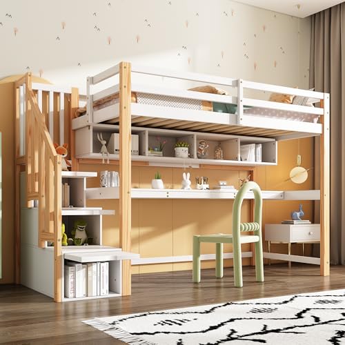 Merax Hochbett 90x200cm mit großen Schreibtisch und Regale, Kinderbett mit Sicherheitsleiter, Etagenbett mit Stauraum für Jungen, Mädchen,...