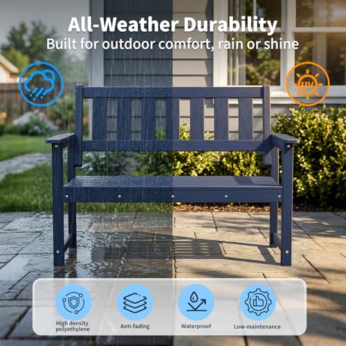 Image of 50 inch Poly Lumber HDPE Outdoor Bench 2-Person Patio Seating, Navy Blue