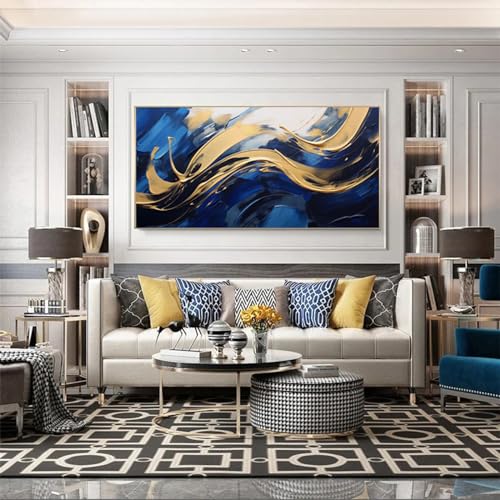 Tableau sur toile abstrait bleu et or de qualité supérieure, format 50x100cm - 6