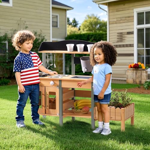 Image of ROBOTIME Mud Kitchen for Kids Outdoor, Wood Outdoor Kitchen with Insect Observation Box & Planter Box, Toddler Play Kitchen with Removable Sink & Faucet, Pretend Outdoor Playset