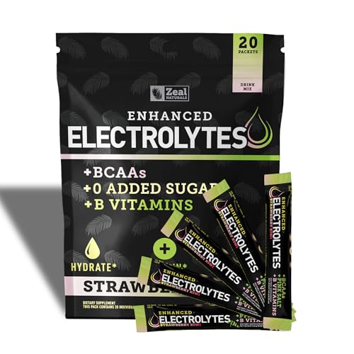 Image of Enhanced Electrolyte Powder Stick Packs (Strawberry Kiwi | 20 Packets) w / 0 Sugar +BCAAs +B-Vitamins Electrolyte Supplement w Potassium Zinc & Magnesium for Hydration - Keto Electrolytes