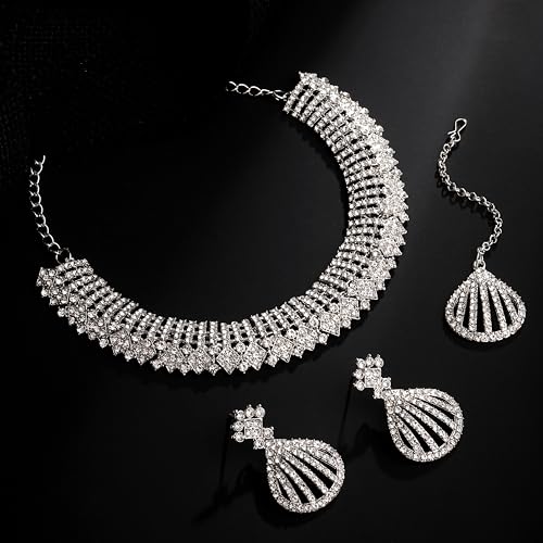 Image of Atasi International Silver Plated White Crystals American Diamonds Stylish Necklace Set with Earrings and Maang Tikka for Women and Girls | Stylish Jewellery for Party, Wedding and Festive Occasions (R6158)