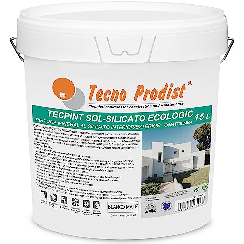 TECPINT SOL-SILICATO ECOLOGIC de Tecno Prodist (15 Litros) Pintura al silicato mineral exterior e interior al agua, 100% Natural. Paredes y Techos, Transpirable - Sin olor (BLANCO MATE)