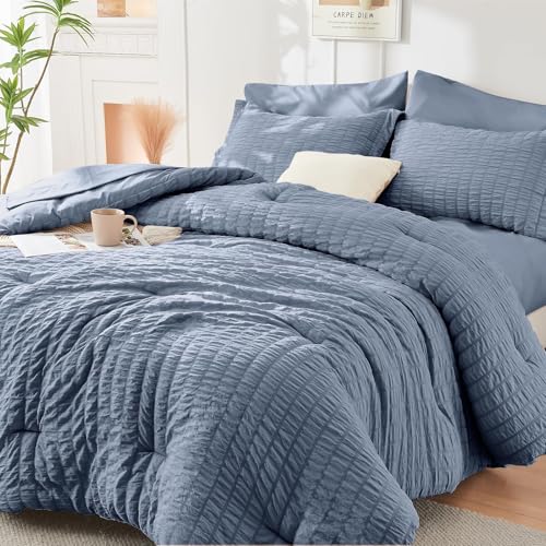 Image of HYMOKEGE Nordic Blue King Size Comforter Set Seersucker 7 Pieces, All Season Luxury Bed in a Bag for Bedroom, Bedding Set with Comforter, Sheets, Pillowcases & Shams