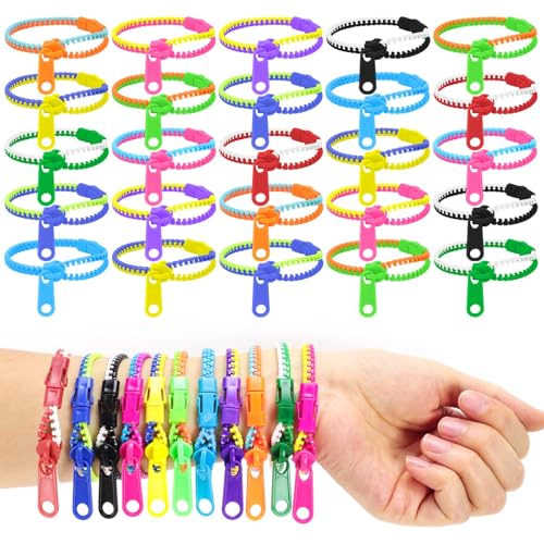 UPlama 50 PCS Friendship Fidget Zipper Bracelet 7.67 Inch Neon Colors Sensory Bracelet Bulk Set Party Toys for Birthday Valentines Day Gifts Small Prizes Easter Egg Basket Stuffers