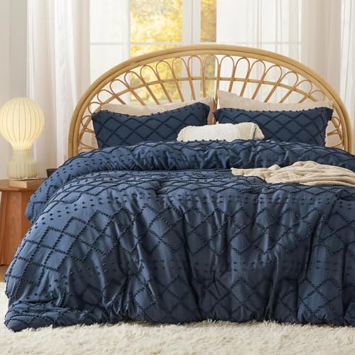 Image of Bedsure Twin Comforter Set - Navy Blue Comforter, Boho Tufted Distressed Vintage Bedding for Kids, 2 Pieces Farmhouse-Style Bed Set for All Seasons, Fluffy Soft Bedding with 1 Pillow Sham
