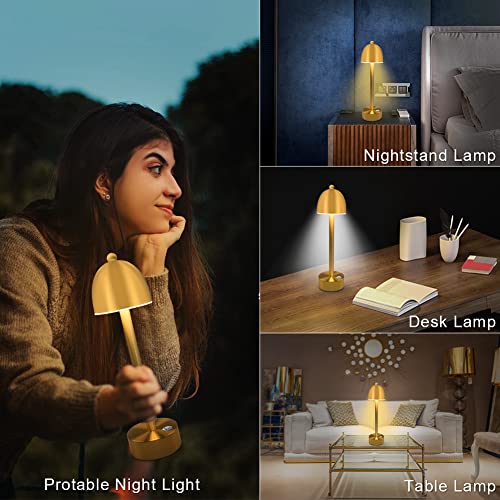 Irtto Gold Mushroom Battery Operated Cordless Table Lamp, 3-Way Dimmable Touch Sensor Desk Lamp, Industrial Rechargeable Portable Night Light For Bar/Restaurant/Home/Office Décor #TOP4
