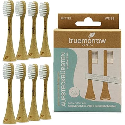 truemorrow Nachhaltige Aufsteckbürsten aus Bambus für happybrush Eco VIBE 3 Schallzahnbürste | 8 Stück | plastikfreier biologisch abbaubarer Griff | vegan klimaneutral | Weiche Borsten Cover