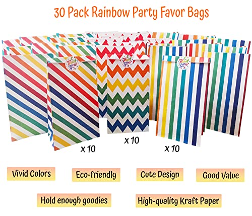 30 Pack Rainbow Party Favor Bags, Goodie Bags For Kids With Stickers, Vivid Stripes Chevron Paper Treat Bags, Food Safe, Biodegradable For Party Supplies, School Lunches, Baby Shower, Birthday Parties (3 Designs) #TOP2
