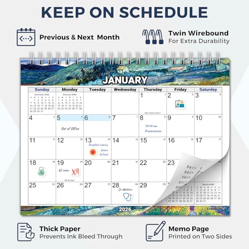 Image of CRANBURY Small Standing Desk Calendar 2026, 8x6 inch Flip Stand Up Calendar Planner, Artwork Designs, Perfect Size for Desktop, Use January to December 2026, Includes Planning Stickers (Pack of 2)