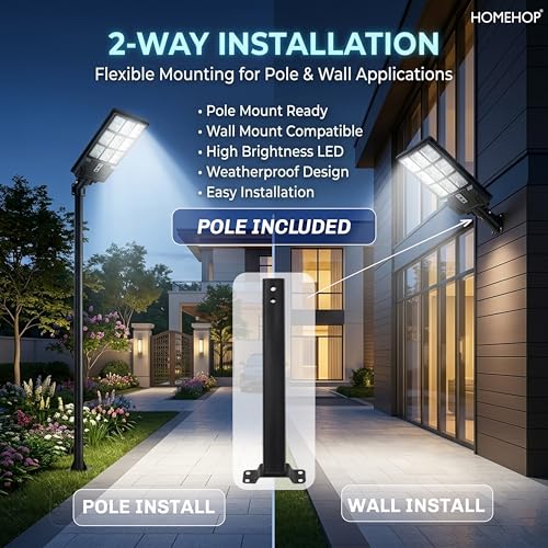 Image of Homehop Solar Light Outdoor Home Garden 220W Automatic LED Street Wall Lamp | Solar Street Light Outdoor Waterproof Wireless Motion Sensor Security for Road, Pathway with Pole (Cool White,15000mAh, ABS)