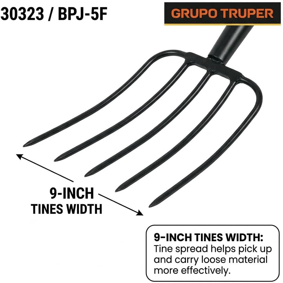 Truper TruPro Garden Manure Fork, 5 Tines, 50-Inch Fiberglass Handle with 9-Inch Grip, 9-Inch Tine Width - Pitchfork for Compost - Broadfork for Gardening (Model 30323)