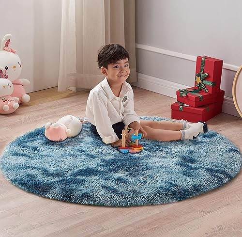 Shaggy Hochflor Teppich Rund für Kinderzimmer Wohnzimmer Schlafzimmer Langflor Teppich Hochwertig Hohe Pflegeleicht Fadendichte Flauschiger kinderteppich für Kinder Mädchen(Blau, 122cm)