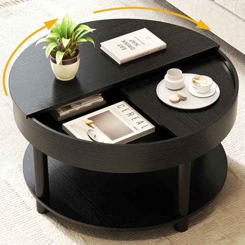 HSH Round Coffee Table Modern Living Room Table with 2-Tier Storage 360 Rotating Desktop Removable Tray Wood Circle Center Cocktail Table for Living Room Bedroom Office Black Oak 30.63 Inch