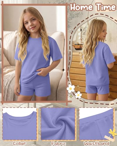 Image of Oakgarden Summer Outfits for Girls 5-14Y Athletic Casual Sets Kid Short Sleeve Shirt Bike Shorts 2 Piece Tween Trendy Clothes