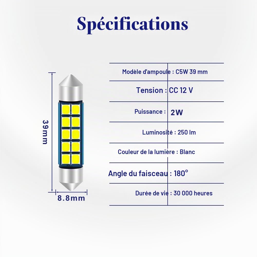 Ampoules C5W LED 39mm 38mm 12V 6000K Blanc Brillant Ampoule navette LED pour Feux de Plaque d'Immatriculation et Éclairage Intérieur de Voiture Canbus Sans Erreur 2PCS