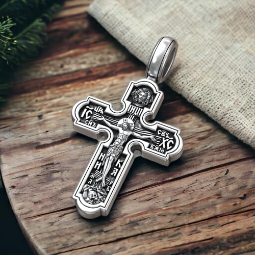 Eastern Orthodox Cross Necklace for Men Women - 925 Sterling Silver - Jesus Christ Crucifix Pendant Necklace with Chain 20 Inches - Unique Christian Religious Jewelry - Handmade2