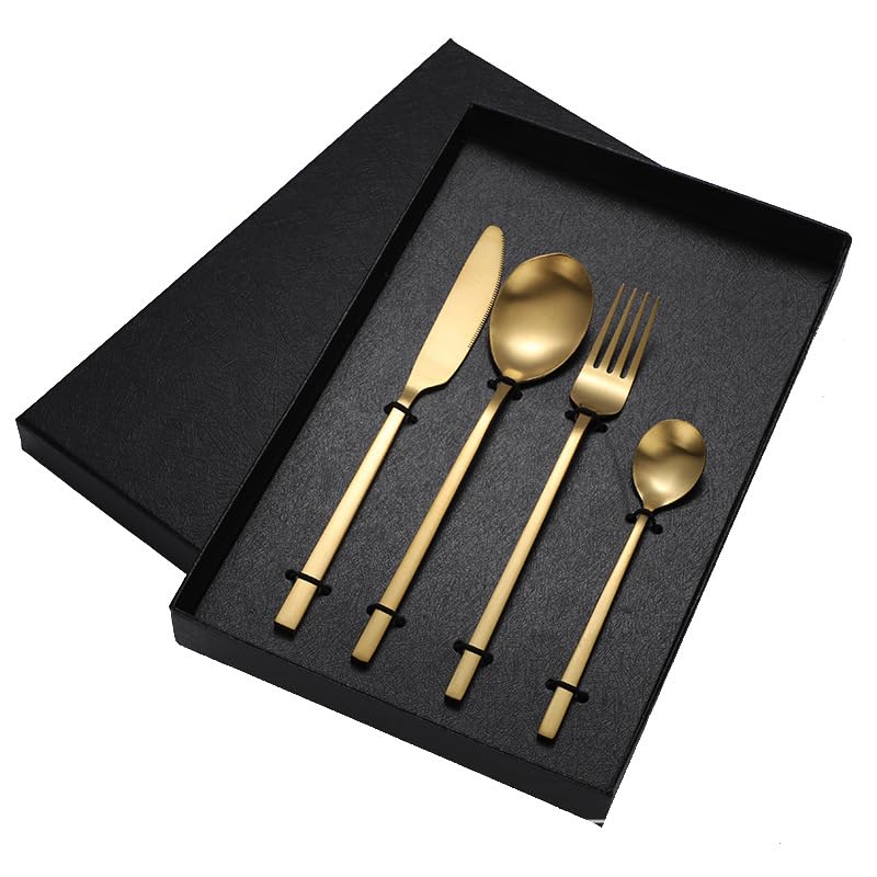 Ensemble de Couverts en Acier Inoxydable Mat – 4/16/24/32/40/48 pièces (Couteau, Fourchette et cuillère) avec Manches carrés, idéal pour Les Steaks, Finition Or Rose – 10 pièces