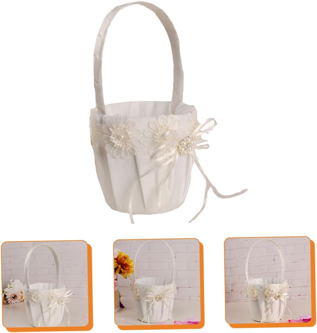 Flower Girl Basket for Weddings with Pearl Accent Fabric Wedding Petal Basket and Flower
